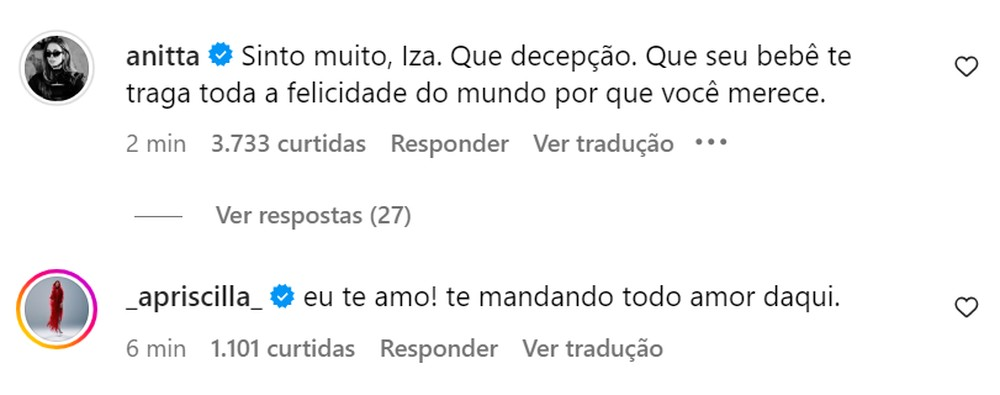 Comentários de Anitat e Pirscilla em apoio a IZA