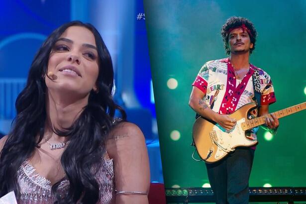 Montagem com Key Alves sorrindo no Sabadou com Virginia e Bruno Mars tocando guitarra