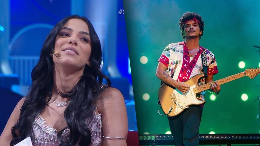 Montagem com Key Alves sorrindo no Sabadou com Virginia e Bruno Mars tocando guitarra