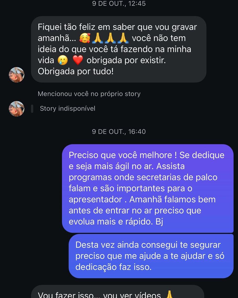 Prints de conversa entre Aline Alves e Geraldo Luís