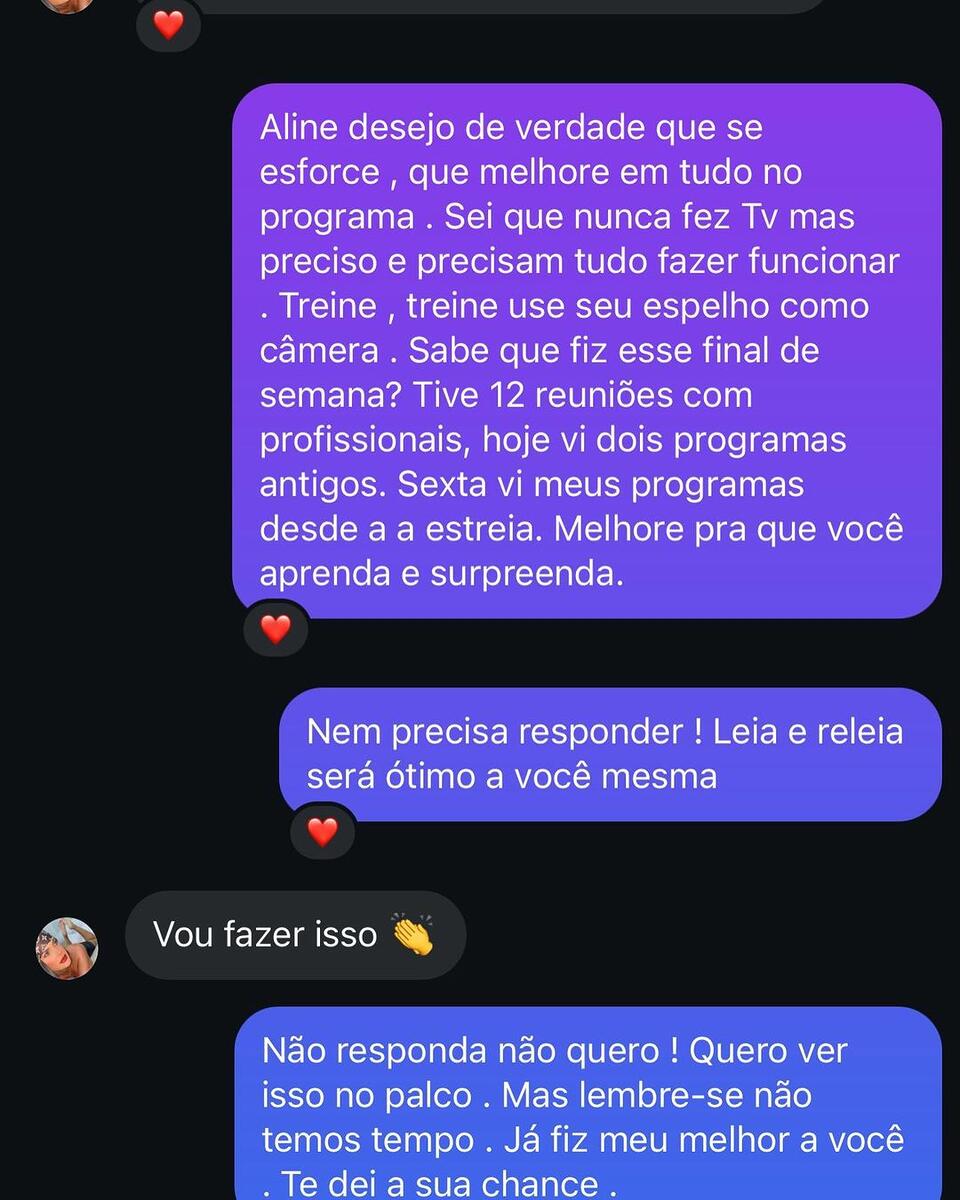 Prints de conversa entre Aline Alves e Geraldo Luís