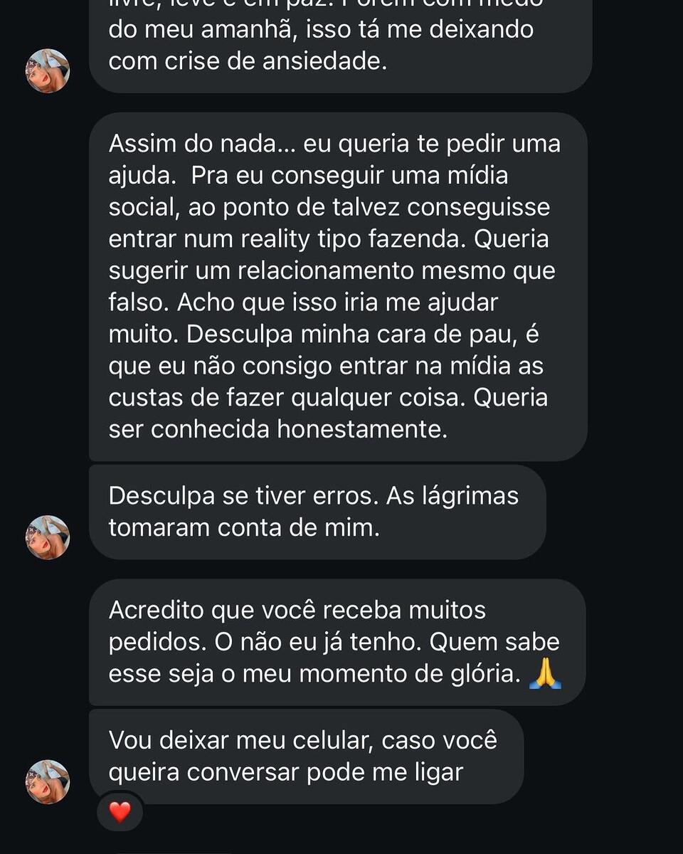 Prints de conversa entre Aline Alves e Geraldo Luís