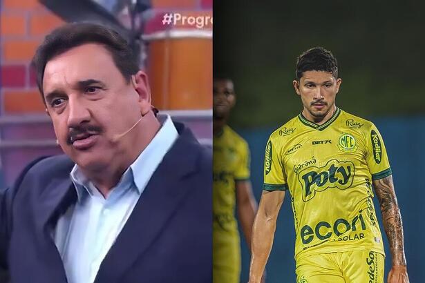 Montagem com Ratinho, de terno, revoltado, defendendo Yuri Lima, o ex de IZA. O jogador aparece na montagem jogando bola