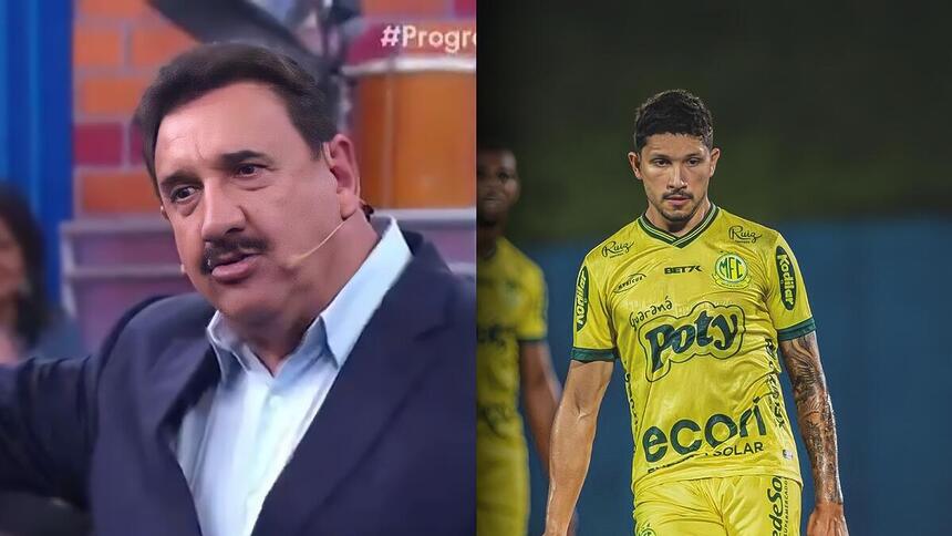 Montagem com Ratinho, de terno, revoltado, defendendo Yuri Lima, o ex de IZA. O jogador aparece na montagem jogando bola