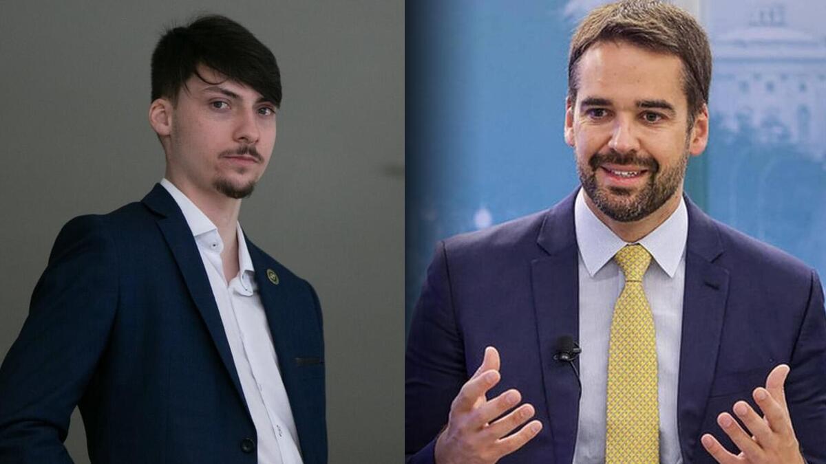 Montagem com Jair Renan, filho de Bolsonaro, olhando sério e o governador Eduardo Leite sorrindo