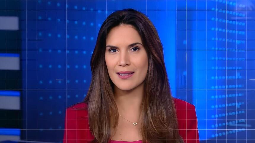 Renata Varandas de vermelho na bancada do Jornal da Record