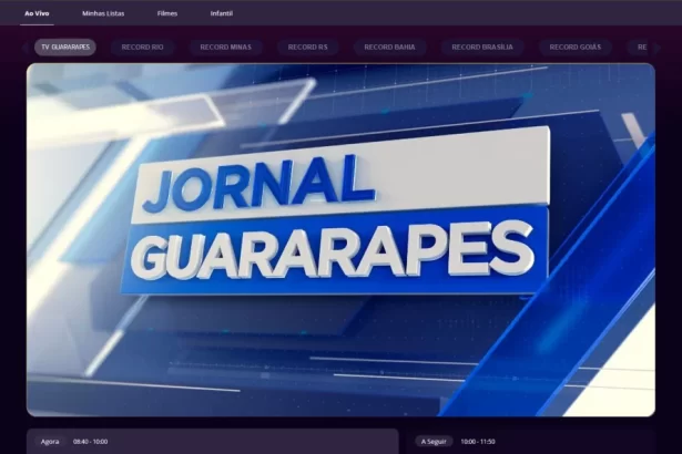 Tela com o logo do Jornal Guararapes, da TV Guararapes, afiliada da RECORD no PalyPlus