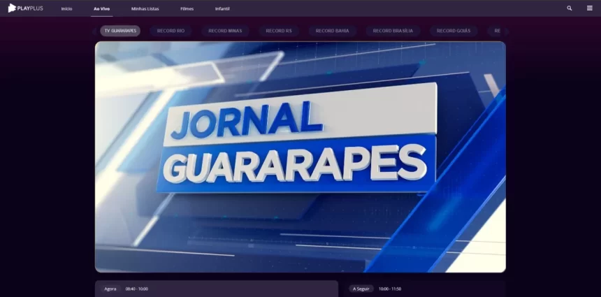 Tela com o logo do Jornal Guararapes, da TV Guararapes, afiliada da RECORD no PalyPlus