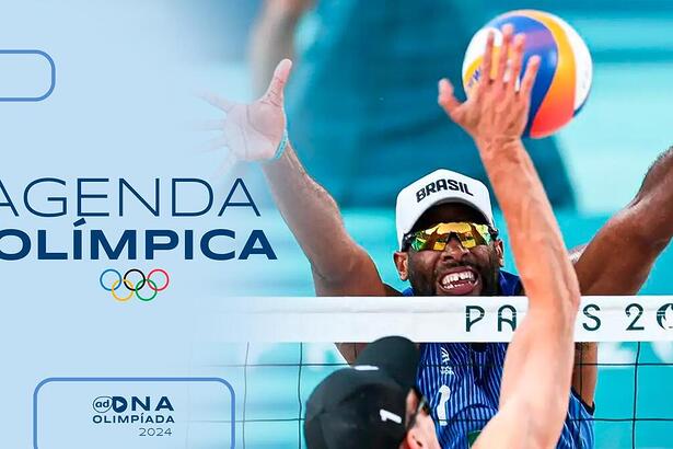 Evandro, do vôlei de praia, na arte da agenda do dia na Olimpíada