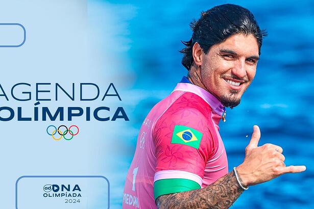 Gabriel Medina na arte de Agenda do Dia na Olimpíada