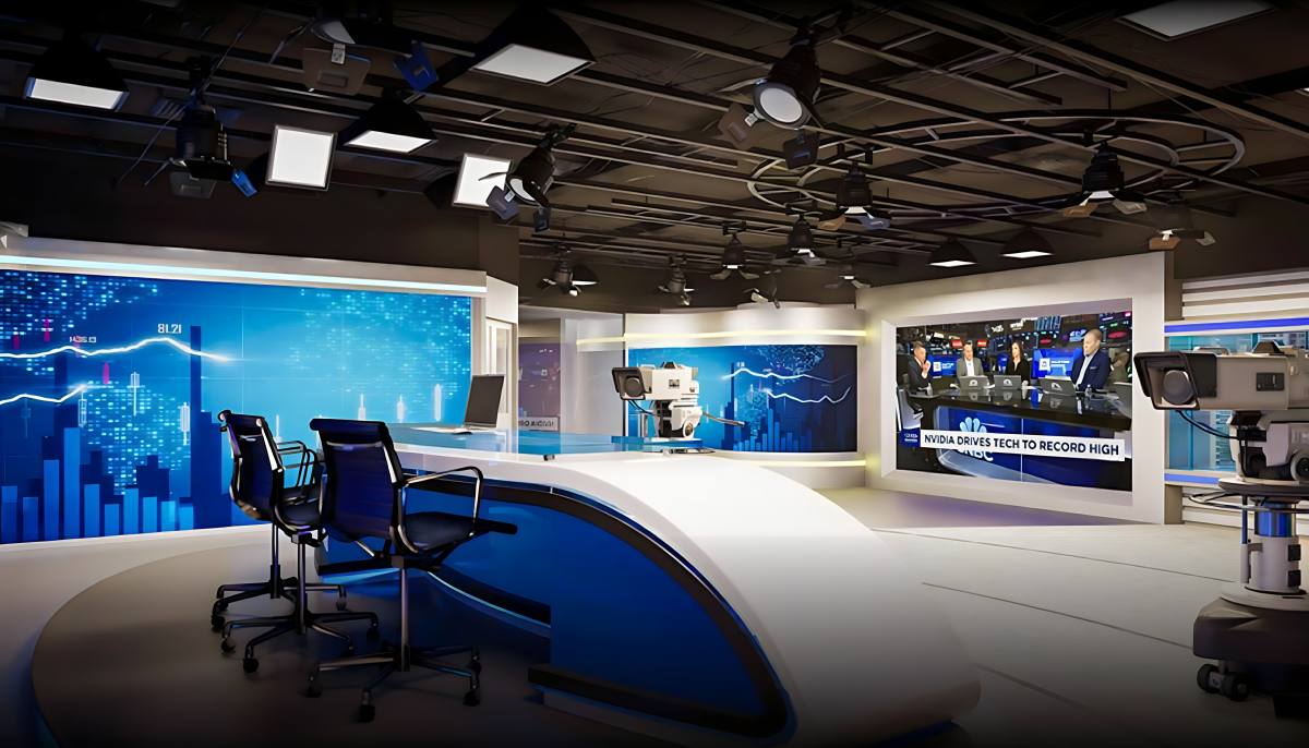 Cenário com bancada azul da CNBC Brasil
