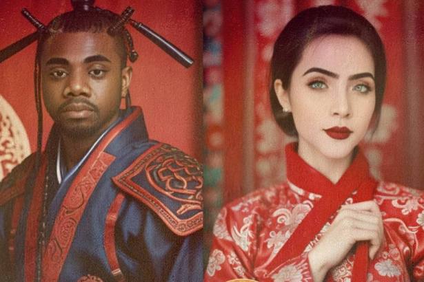 Davi e Jade Picon na montagem de divulgação da novela Pé de Chinesa