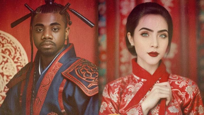 Davi e Jade Picon na montagem de divulgação da novela Pé de Chinesa