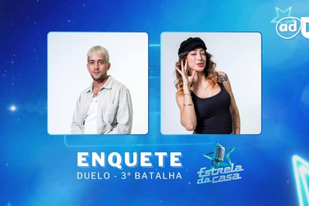 Matheus e Nicole na arte da enquete do duelo da 3ª Batalha no Estrela da Casa