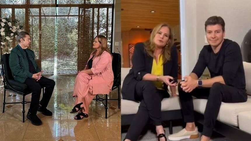 Faustão e Rodrigo Faro em montagem com trechos da entrevista ao Fantástico