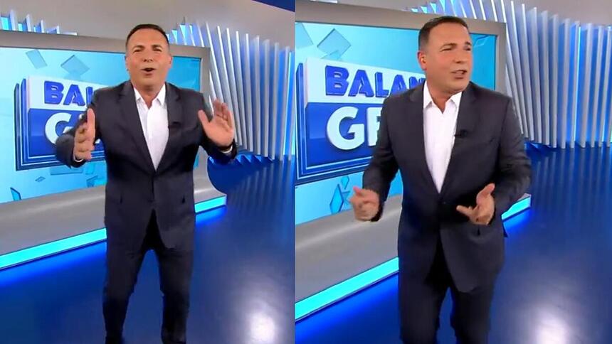 Gottino animado e batendo palmas no cenário do Balanço Geral