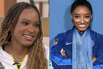 Rebeca Andrade e Simone Biles em uma montagem