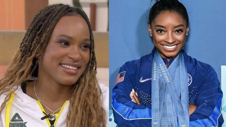 Rebeca Andrade e Simone Biles em uma montagem