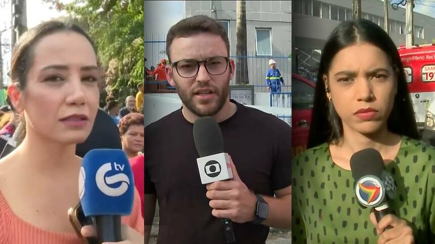 Repórteres da TV Guararapes/RECORD, TV Globo e TV Jornal/SBT em frente ao santuário em Recife