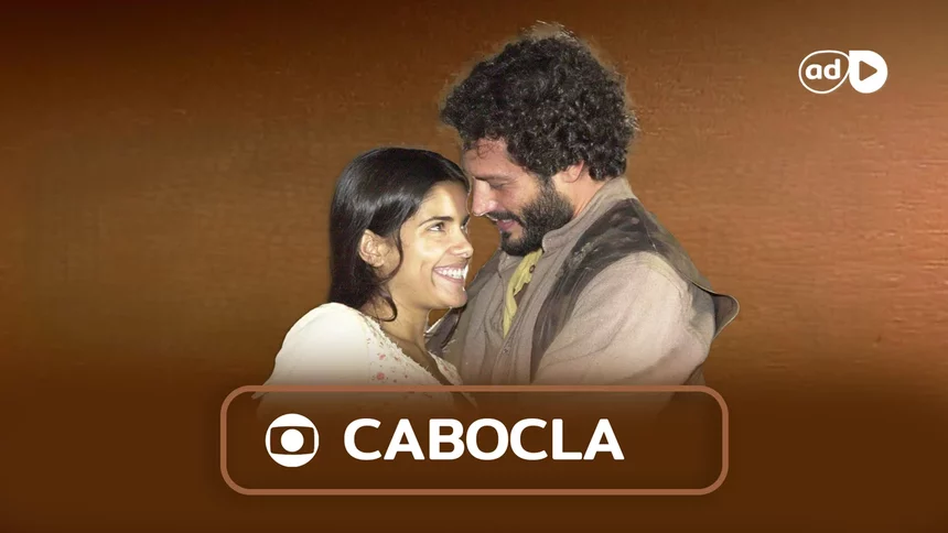 Protagonistas se olham e sorriem na arte do resumo da novela Cabocla