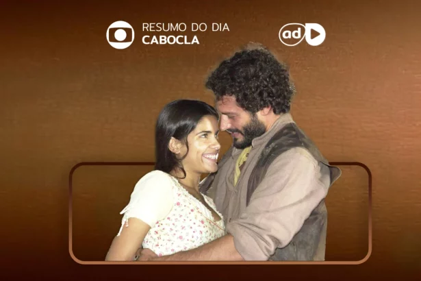 Protagonistas se olham e sorriem na arte do resumo da novela Cabocla