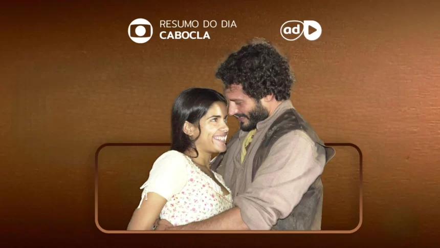 Protagonistas se olham e sorriem na arte do resumo da novela Cabocla