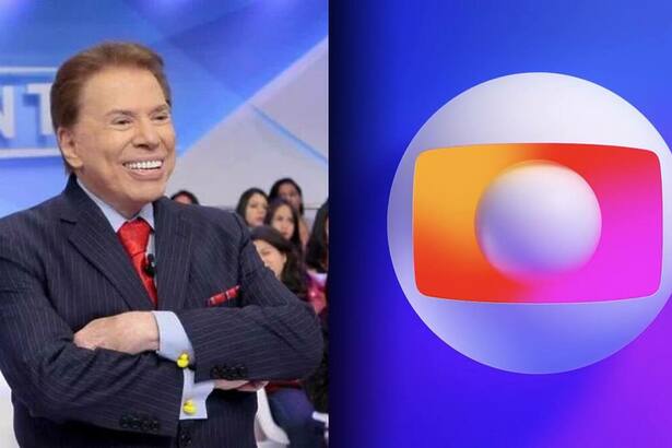 Silvio Santos em montagem ao lado do logo da TV Globo