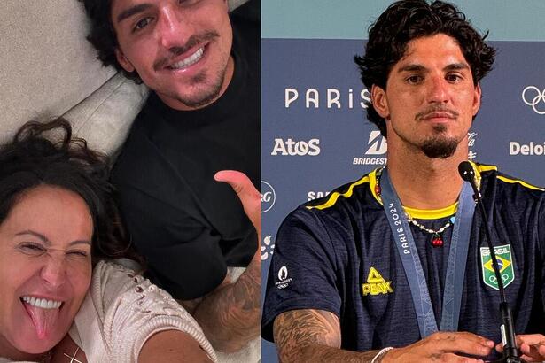 Simone e Gabriel Medina em uma montagem com Medina na Olimpíada