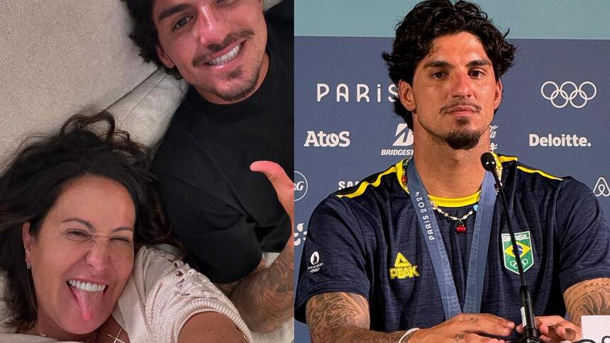 Simone e Gabriel Medina em uma montagem com Medina na Olimpíada