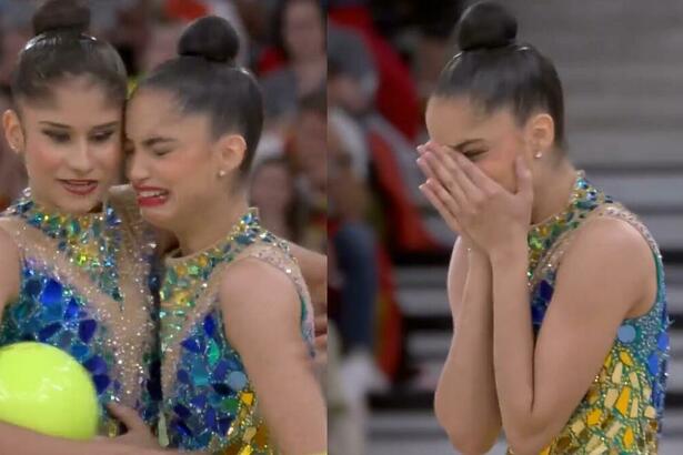 Victória Borges chorando e sendo acolhida na ginástica rítmica da Olimpíada