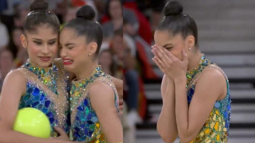 Victória Borges chorando e sendo acolhida na ginástica rítmica da Olimpíada