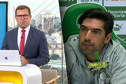 Rodrigo Bocardi com semblante revoltado dividindo tela com o técnico Abel Ferreira em coletiva do Palmeiras