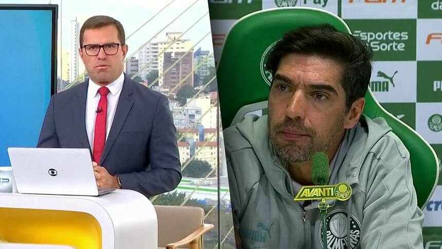 Rodrigo Bocardi com semblante revoltado dividindo tela com o técnico Abel Ferreira em coletiva do Palmeiras