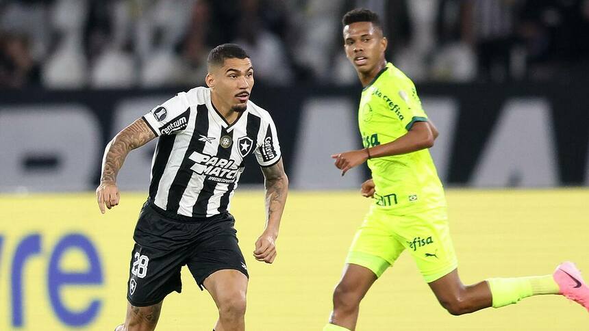 Jogadores de Botafogo e Palmeiras em campo, disputando bola na Libertadores