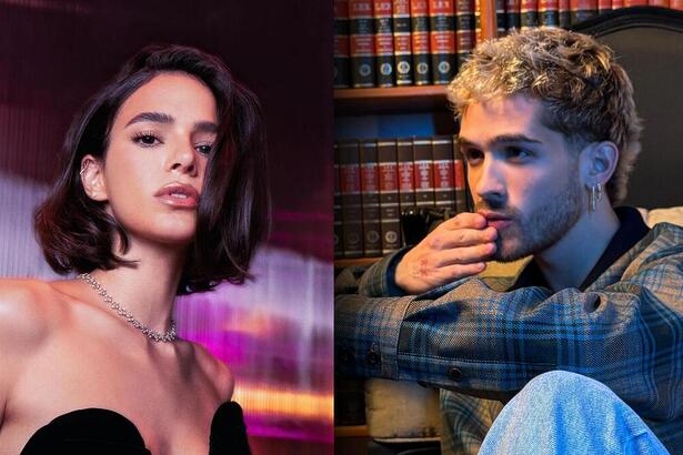 Montagem com João Guilherme olhando para Bruna Marquezine