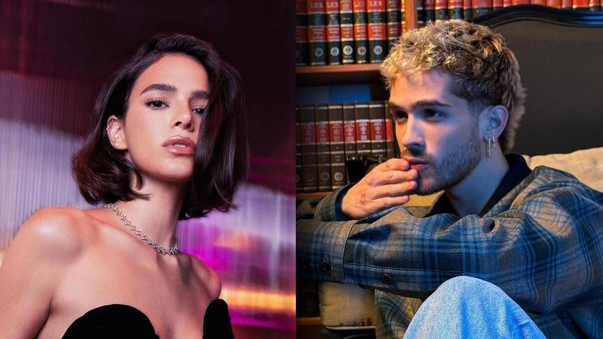 Montagem com João Guilherme olhando para Bruna Marquezine