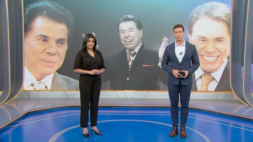 Daniele Brandi e Gabriel Cartolano no cenário do especial em homenagem a Silvio Santos