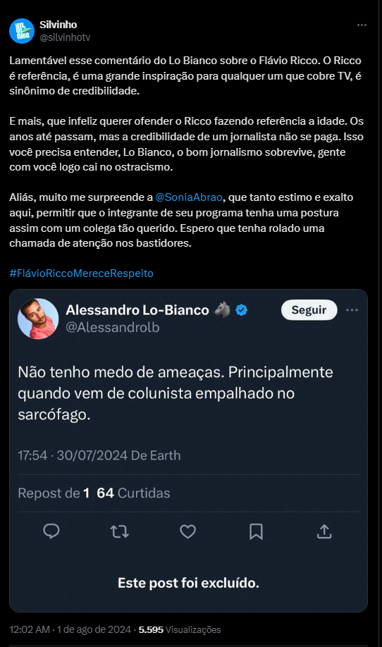 Comentário de Alessandro Lo-Bianco contra Flávio Ricco