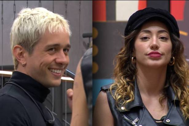 Matheus sorrindo na cozinha do Estrela da Casa em Montagem com Nicole que está séria