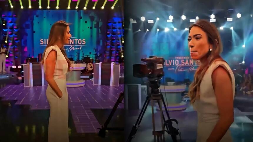 Patricia Abravanel entra no palco do Programa Silvio Santos de macacão branco e chorando