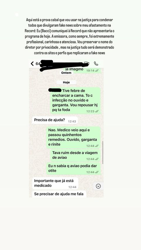 Print de conversa do diretor da Record com Luiz Bacci, em que apresentador alegou estar doente