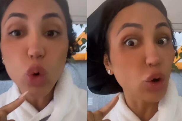 Dayanne Bezerra com uma touca de banho na cabeça, em montagem com trechos dos stories