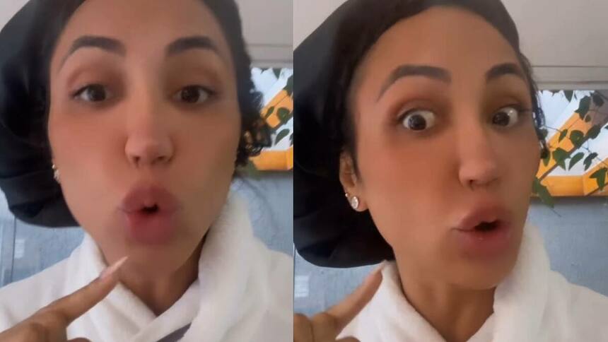 Dayanne Bezerra com uma touca de banho na cabeça, em montagem com trechos dos stories