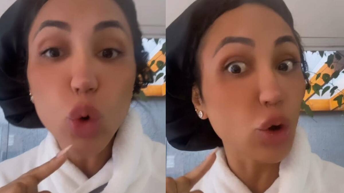 Dayanne Bezerra com uma touca de banho na cabeça, em montagem com trechos dos stories