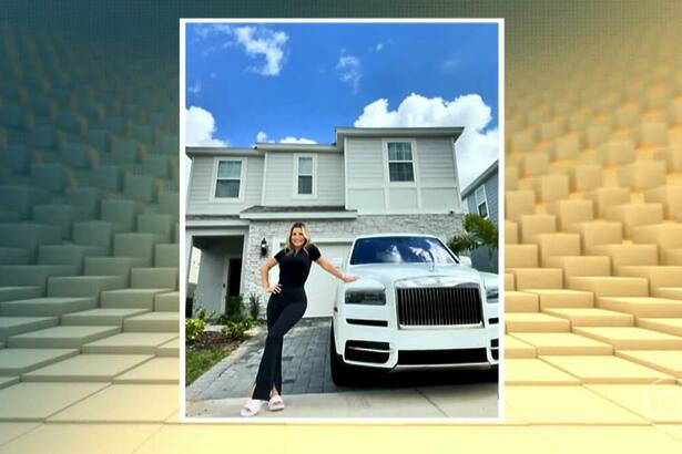 Imagem de Deolane posando em frente à mansão e do lado de um carro, exibida no Jornal Hoje