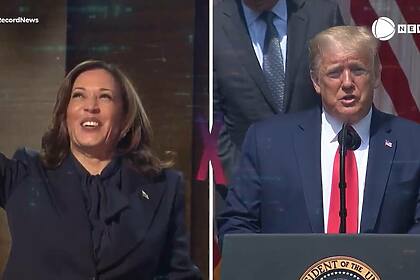 Kamala x Trump em uma montagem exibida na Record