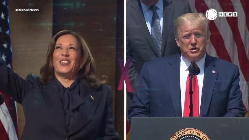 Kamala x Trump em uma montagem exibida na Record