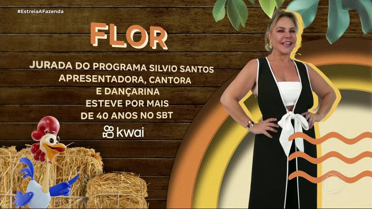 Apresentadora Flor Fernandes de vestido preto na arte de A Fazenda
