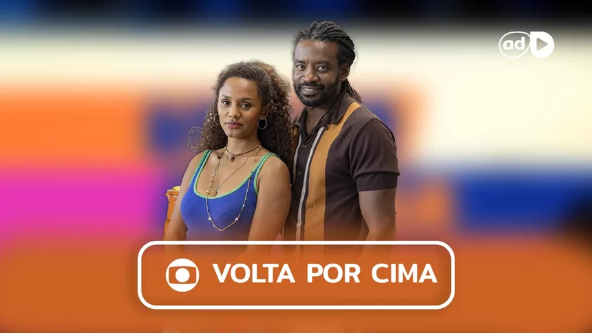 Protagonistas na arte do resumo da novela Mania de Você