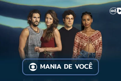 Protagonistas da novela Mania de Você na arte do resumo da semana